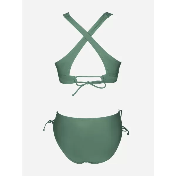 imageCUPSHE Bikini Set for Women Two Piece Swimsuit V Neck Triangle Top Wide Straps Cross Back Lace up Mid RiseOlive Green