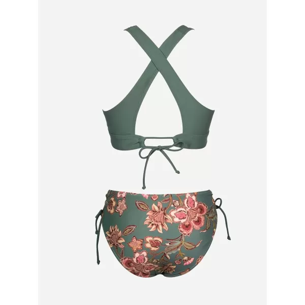 imageCUPSHE Bikini Set for Women Two Piece Swimsuit V Neck Triangle Top Wide Straps Cross Back Lace up Mid RiseOlive GreenFloral