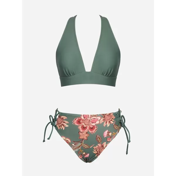 imageCUPSHE Bikini Set for Women Two Piece Swimsuit V Neck Triangle Top Wide Straps Cross Back Lace up Mid RiseOlive GreenFloral