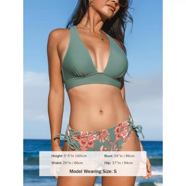 imageCUPSHE Bikini Set for Women Two Piece Swimsuit V Neck Triangle Top Wide Straps Cross Back Lace up Mid RiseOlive GreenFloral