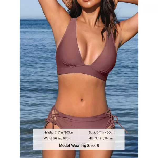 imageCUPSHE Bikini Set for Women Two Piece Swimsuit V Neck Triangle Top Wide Straps Cross Back Lace up Mid RisePale Mauve