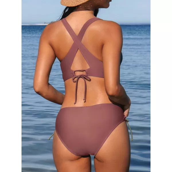 imageCUPSHE Bikini Set for Women Two Piece Swimsuit V Neck Triangle Top Wide Straps Cross Back Lace up Mid RisePale Mauve