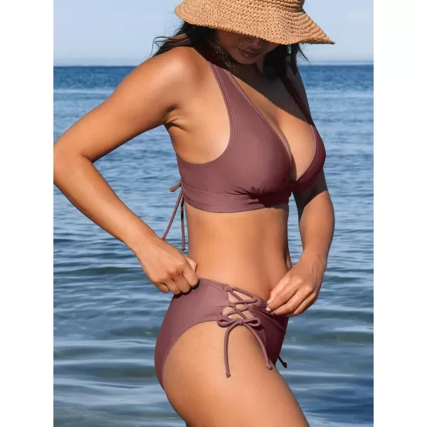 imageCUPSHE Bikini Set for Women Two Piece Swimsuit V Neck Triangle Top Wide Straps Cross Back Lace up Mid RisePale Mauve