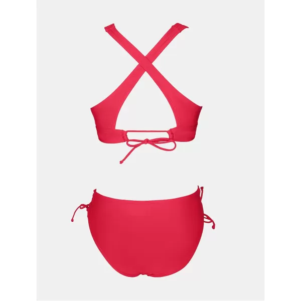 imageCUPSHE Bikini Set for Women Two Piece Swimsuit V Neck Triangle Top Wide Straps Cross Back Lace up Mid RiseRed
