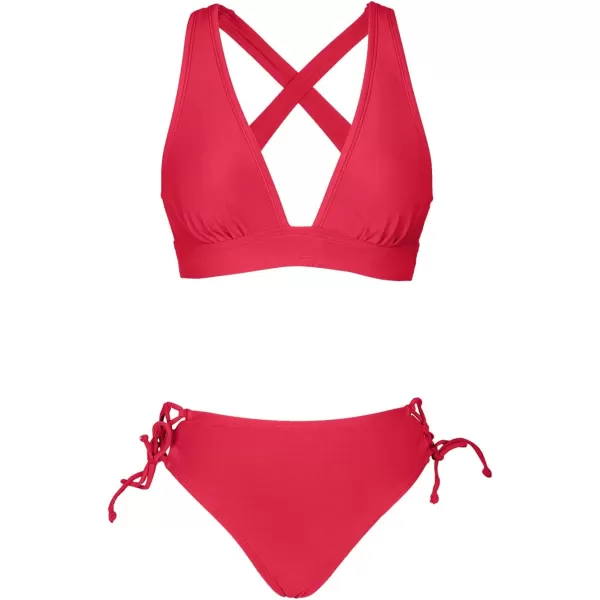 imageCUPSHE Bikini Set for Women Two Piece Swimsuit V Neck Triangle Top Wide Straps Cross Back Lace up Mid RiseRed