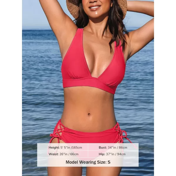 imageCUPSHE Bikini Set for Women Two Piece Swimsuit V Neck Triangle Top Wide Straps Cross Back Lace up Mid RiseRed