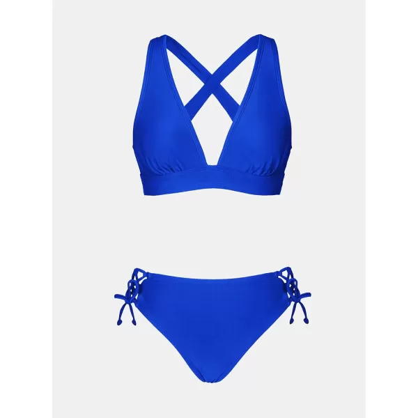 imageCUPSHE Bikini Set for Women Two Piece Swimsuit V Neck Triangle Top Wide Straps Cross Back Lace up Mid RiseRoyal Blue