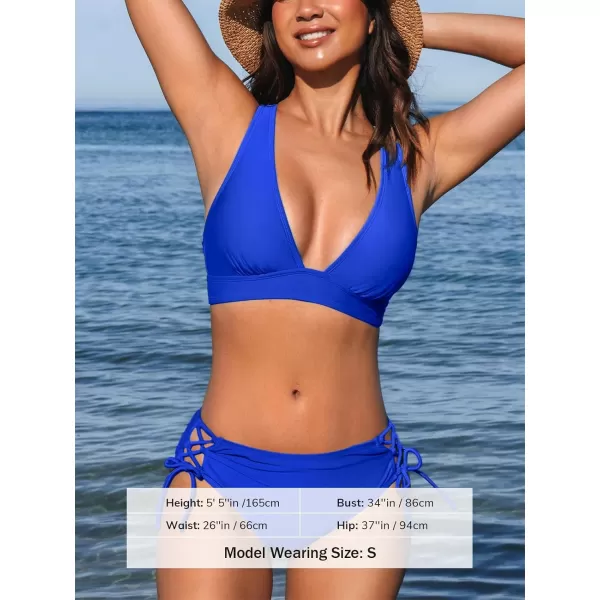 imageCUPSHE Bikini Set for Women Two Piece Swimsuit V Neck Triangle Top Wide Straps Cross Back Lace up Mid RiseRoyal Blue