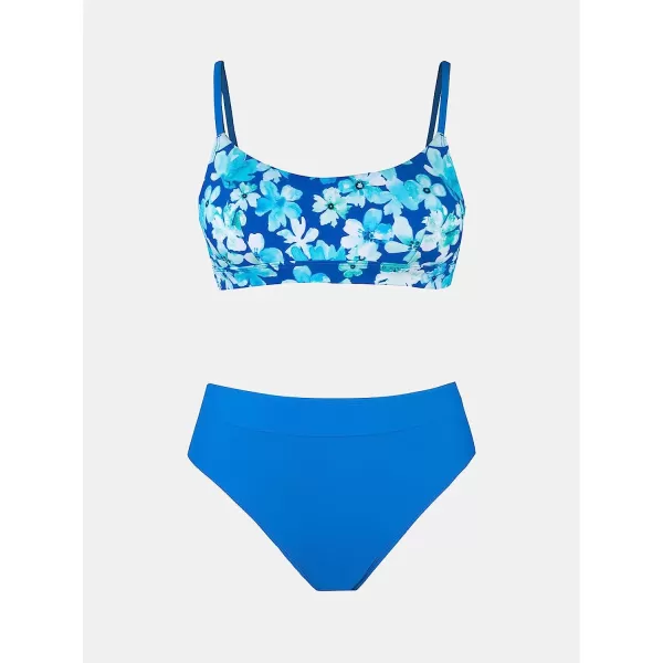 imageCUPSHE Bikini Set for Women Two Piece Swimsuits Banded High Waisted Adjustable Straps Back Hook FloralBlue Floral
