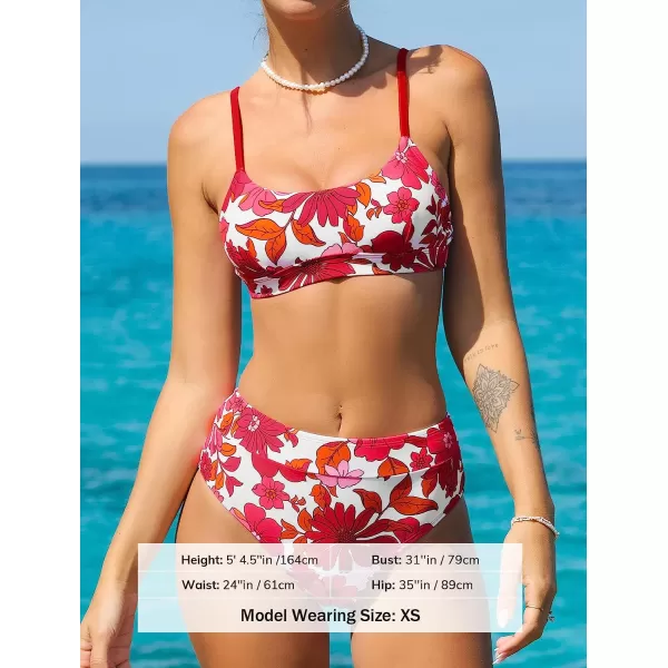 imageCUPSHE Bikini Set for Women Two Piece Swimsuits Banded High Waisted Adjustable Straps Back Hook FloralRed Floral