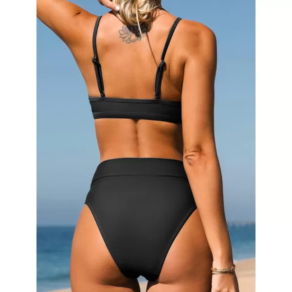 imageCUPSHE Bikini Set for Women Two Piece Swimsuits Cut Out High Waisted Scoop Neck V Cut BottomBlack