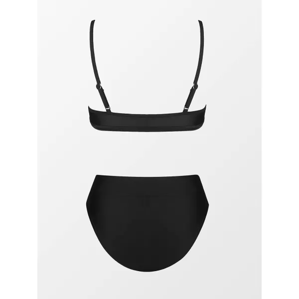 imageCUPSHE Bikini Set for Women Two Piece Swimsuits Cut Out High Waisted Scoop Neck V Cut BottomBlack