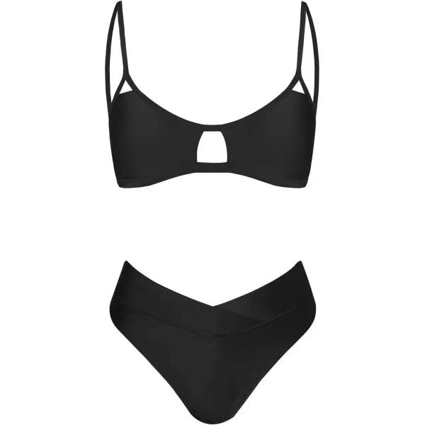 imageCUPSHE Bikini Set for Women Two Piece Swimsuits Cut Out High Waisted Scoop Neck V Cut BottomBlack