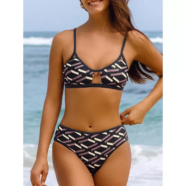 imageCUPSHE Bikini Set for Women Two Piece Swimsuits Cut Out High Waisted Scoop Neck V Cut BottomBlack Geometric