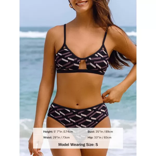 imageCUPSHE Bikini Set for Women Two Piece Swimsuits Cut Out High Waisted Scoop Neck V Cut BottomBlack Geometric
