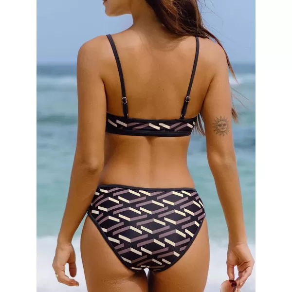 imageCUPSHE Bikini Set for Women Two Piece Swimsuits Cut Out High Waisted Scoop Neck V Cut BottomBlack Geometric