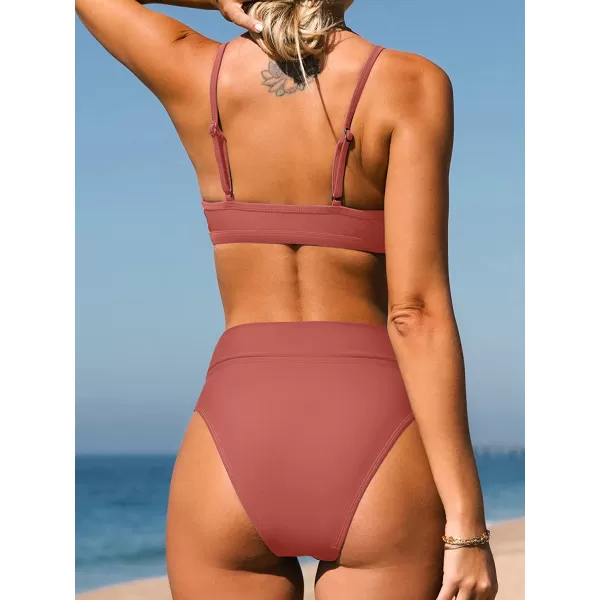imageCUPSHE Bikini Set for Women Two Piece Swimsuits Cut Out High Waisted Scoop Neck V Cut BottomBlush Red