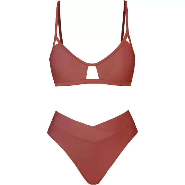 imageCUPSHE Bikini Set for Women Two Piece Swimsuits Cut Out High Waisted Scoop Neck V Cut BottomBlush Red