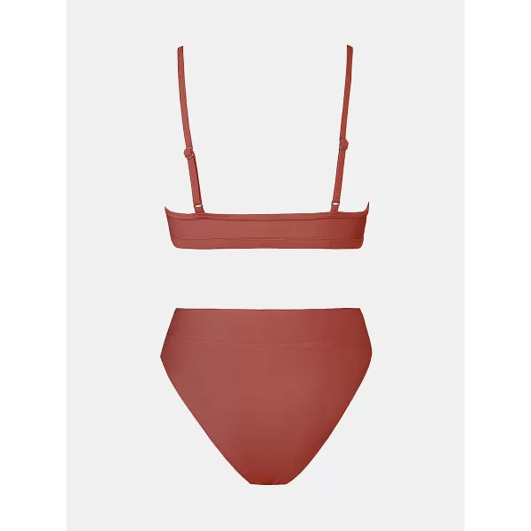 imageCUPSHE Bikini Set for Women Two Piece Swimsuits Cut Out High Waisted Scoop Neck V Cut BottomBlush Red