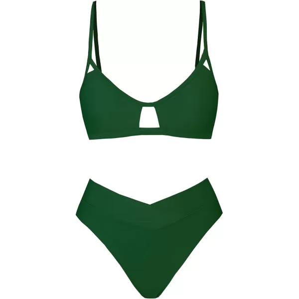 imageCUPSHE Bikini Set for Women Two Piece Swimsuits Cut Out High Waisted Scoop Neck V Cut BottomDark Green
