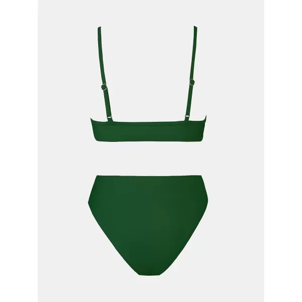 imageCUPSHE Bikini Set for Women Two Piece Swimsuits Cut Out High Waisted Scoop Neck V Cut BottomDark Green