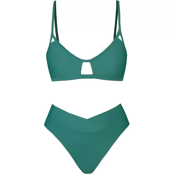 imageCUPSHE Bikini Set for Women Two Piece Swimsuits Cut Out High Waisted Scoop Neck V Cut BottomEmerald Green