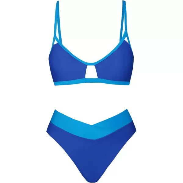 imageCUPSHE Bikini Set for Women Two Piece Swimsuits Cut Out High Waisted Scoop Neck V Cut BottomLapis BlueSky Blue