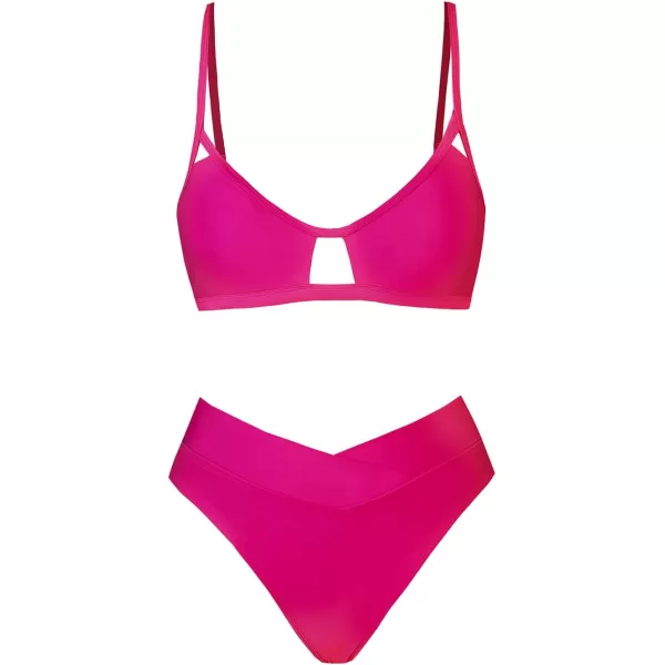 imageCUPSHE Bikini Set for Women Two Piece Swimsuits Cut Out High Waisted Scoop Neck V Cut BottomMagenta Red