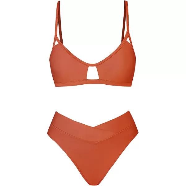 imageCUPSHE Bikini Set for Women Two Piece Swimsuits Cut Out High Waisted Scoop Neck V Cut BottomMarmalade Orange