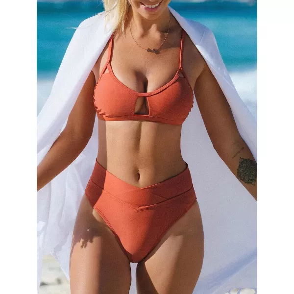 imageCUPSHE Bikini Set for Women Two Piece Swimsuits Cut Out High Waisted Scoop Neck V Cut BottomMarmalade Orange