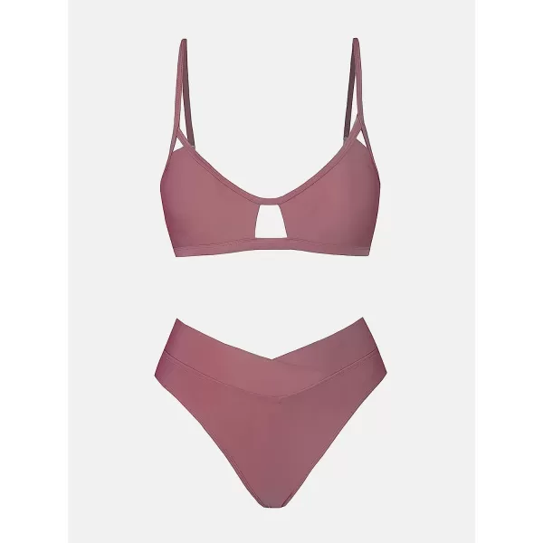 imageCUPSHE Bikini Set for Women Two Piece Swimsuits Cut Out High Waisted Scoop Neck V Cut BottomMauve Purple