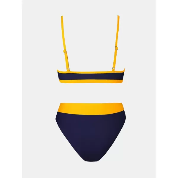 imageCUPSHE Bikini Set for Women Two Piece Swimsuits Cut Out High Waisted Scoop Neck V Cut BottomNavy BlueYellow