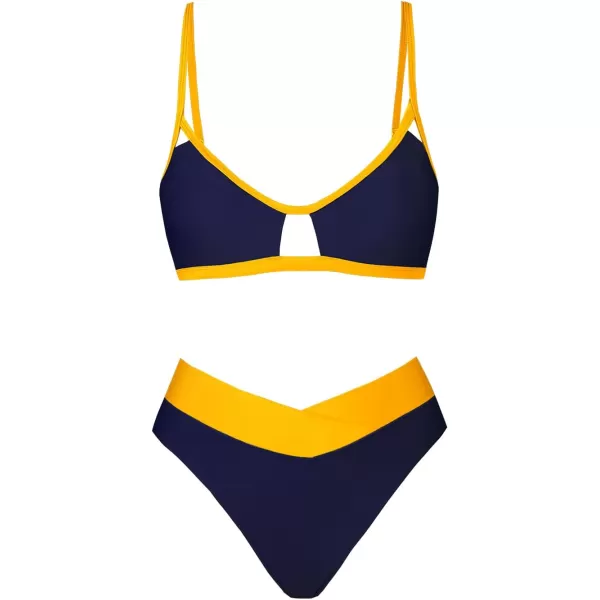 imageCUPSHE Bikini Set for Women Two Piece Swimsuits Cut Out High Waisted Scoop Neck V Cut BottomNavy BlueYellow