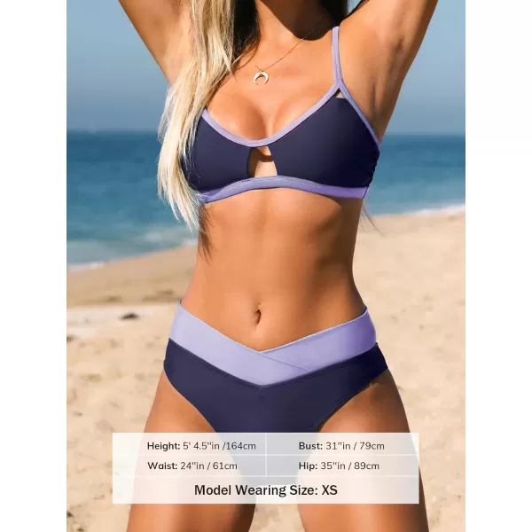 imageCUPSHE Bikini Set for Women Two Piece Swimsuits Cut Out High Waisted Scoop Neck V Cut BottomPurpleBlue