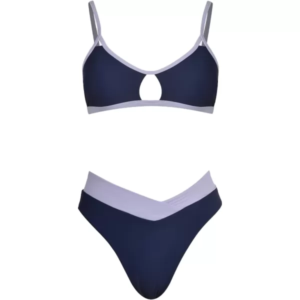 imageCUPSHE Bikini Set for Women Two Piece Swimsuits Cut Out High Waisted Scoop Neck V Cut BottomPurpleBlue