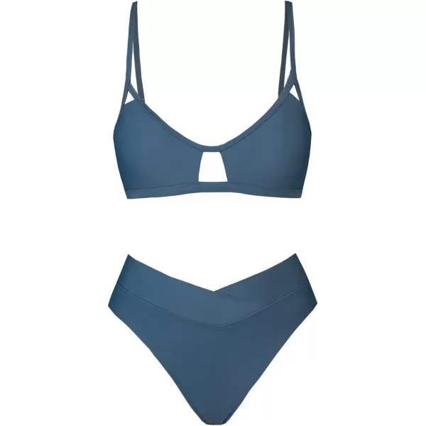 imageCUPSHE Bikini Set for Women Two Piece Swimsuits Cut Out High Waisted Scoop Neck V Cut BottomStone Blue