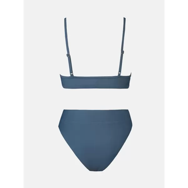 imageCUPSHE Bikini Set for Women Two Piece Swimsuits Cut Out High Waisted Scoop Neck V Cut BottomStone Blue