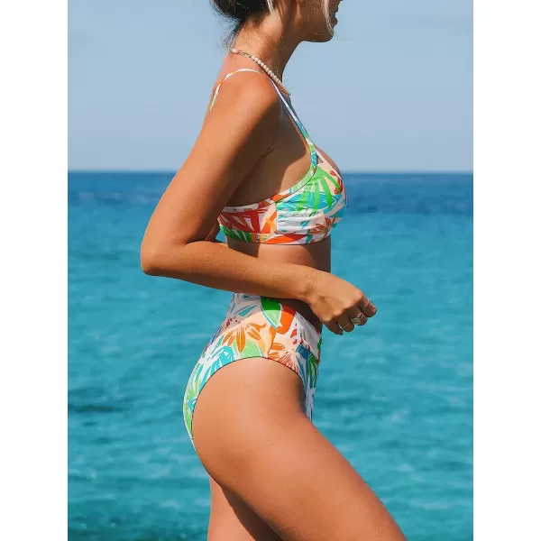 imageCUPSHE Bikini Set for Women Two Piece Swimsuits Cut Out High Waisted Scoop Neck V Cut BottomWhite Tropical