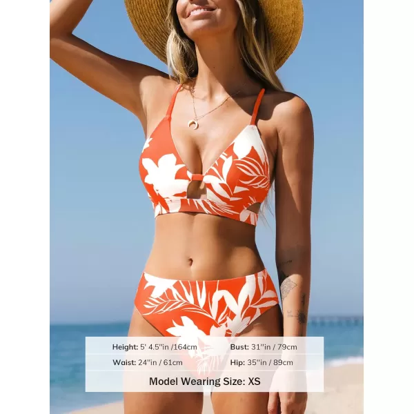 imageCUPSHE Bikini Set for Women Two Piece Swimsuits Floral Print Cutout Lace Up Crisscross Back Mid Rise BottomLeaf Print Orange