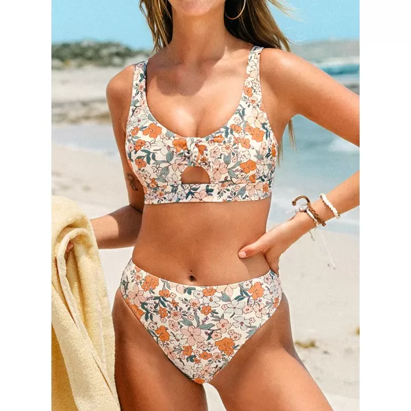 imageCUPSHE Bikini Set for Women Two Piece Swimsuits High Waist Criss Cross Back Tie Cut Out Ditsy PrintYellow Floral