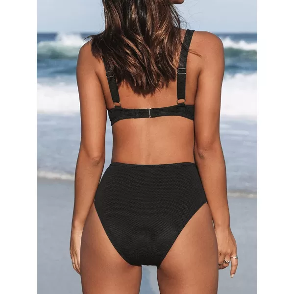 imageCUPSHE Bikini Set for Women Two Piece Swimsuits High Waist V Neck Back Hook Push Up O RingBlack