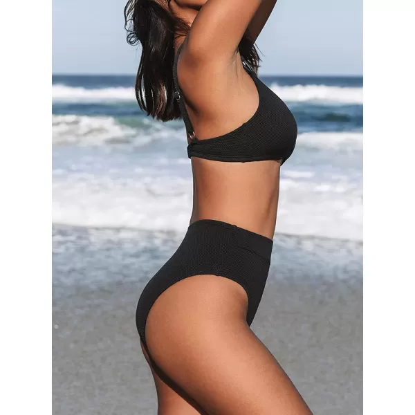 imageCUPSHE Bikini Set for Women Two Piece Swimsuits High Waist V Neck Back Hook Push Up O RingBlack