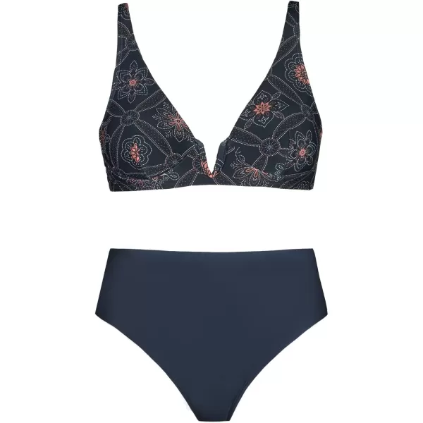 imageCUPSHE Bikini Set for Women Two Piece Swimsuits High Waisted Adjustable Straps Back Hook V Wire NecklineNavy Floral