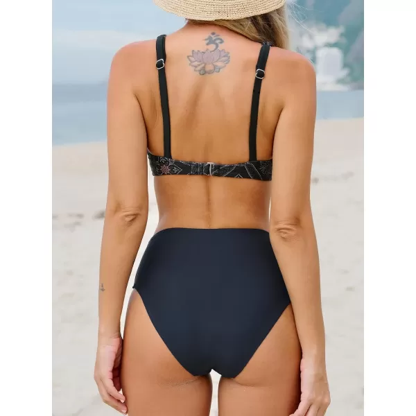 imageCUPSHE Bikini Set for Women Two Piece Swimsuits High Waisted Adjustable Straps Back Hook V Wire NecklineNavy Floral
