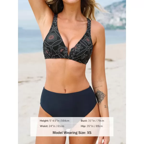 imageCUPSHE Bikini Set for Women Two Piece Swimsuits High Waisted Adjustable Straps Back Hook V Wire NecklineNavy Floral