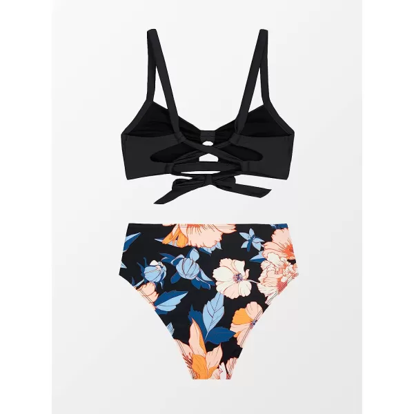 imageCUPSHE Bikini Set for Women Two Piece Swimsuits High Waisted Cut Out Crisscross Back Tie Shirring BottomBlack