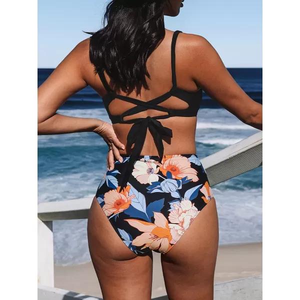 imageCUPSHE Bikini Set for Women Two Piece Swimsuits High Waisted Cut Out Crisscross Back Tie Shirring BottomBlack