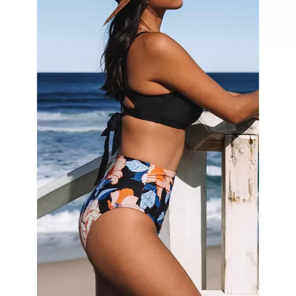 imageCUPSHE Bikini Set for Women Two Piece Swimsuits High Waisted Cut Out Crisscross Back Tie Shirring BottomBlack
