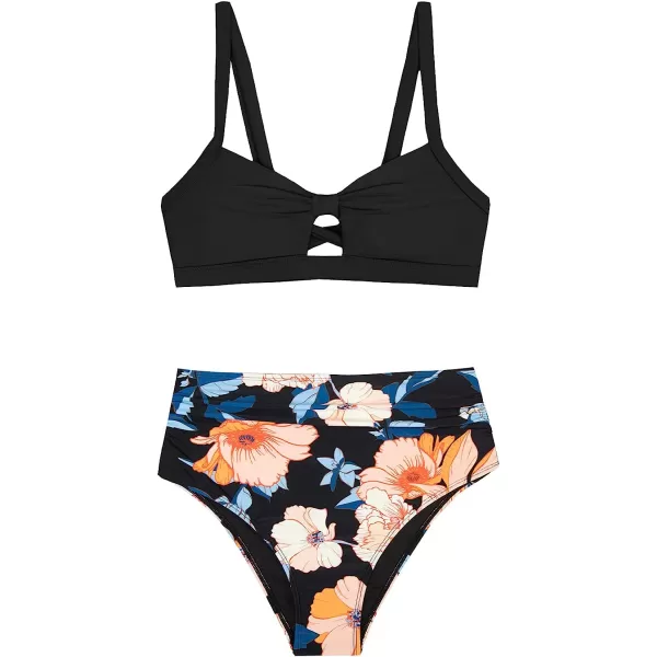 imageCUPSHE Bikini Set for Women Two Piece Swimsuits High Waisted Cut Out Crisscross Back Tie Shirring BottomBlack