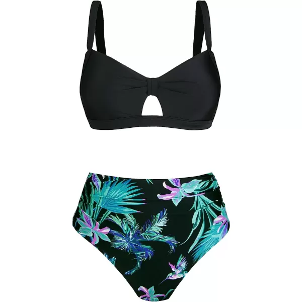imageCUPSHE Bikini Set for Women Two Piece Swimsuits High Waisted Cut Out Crisscross Back Tie Shirring BottomBlack Green Floral